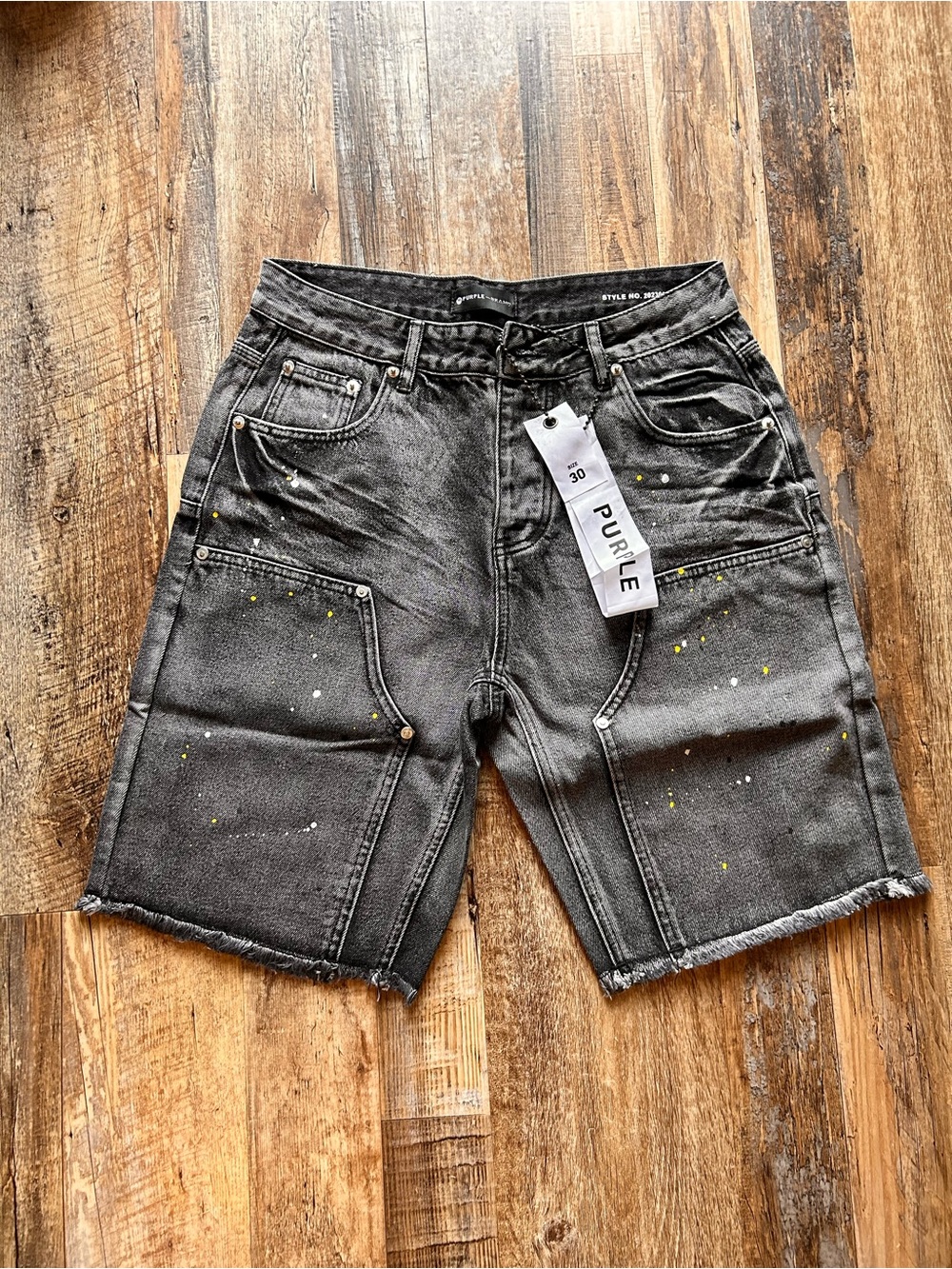Men's Black Washed Denim Shorts with Paint-Splatter Purple Brand